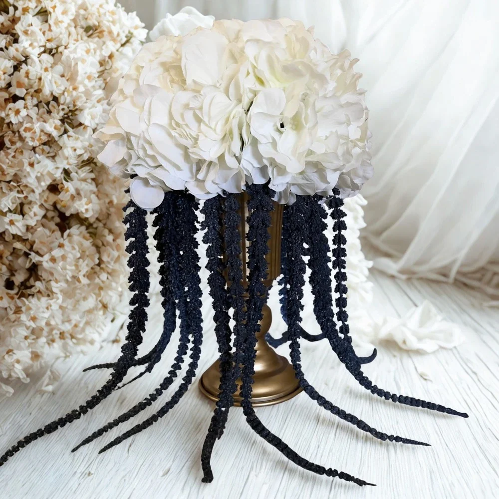 White Hydrangea and Blue Cascading Floral Centerpiece Arrangement in‎ Gold Urn